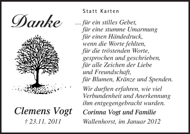  Traueranzeige für Clemens Vogt vom 07.01.2012 aus Neue Osnabrücker Zeitung