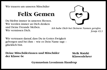 Traueranzeige von Felix Gemen von Neue Osnabrücker Zeitung