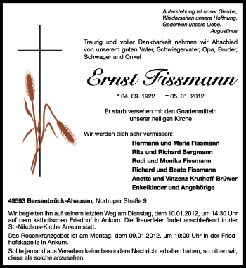 Traueranzeige von Ernst Fissmann von Neue Osnabrücker Zeitung