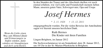 Traueranzeige von Josef Hermes von Neue Osnabrücker Zeitung