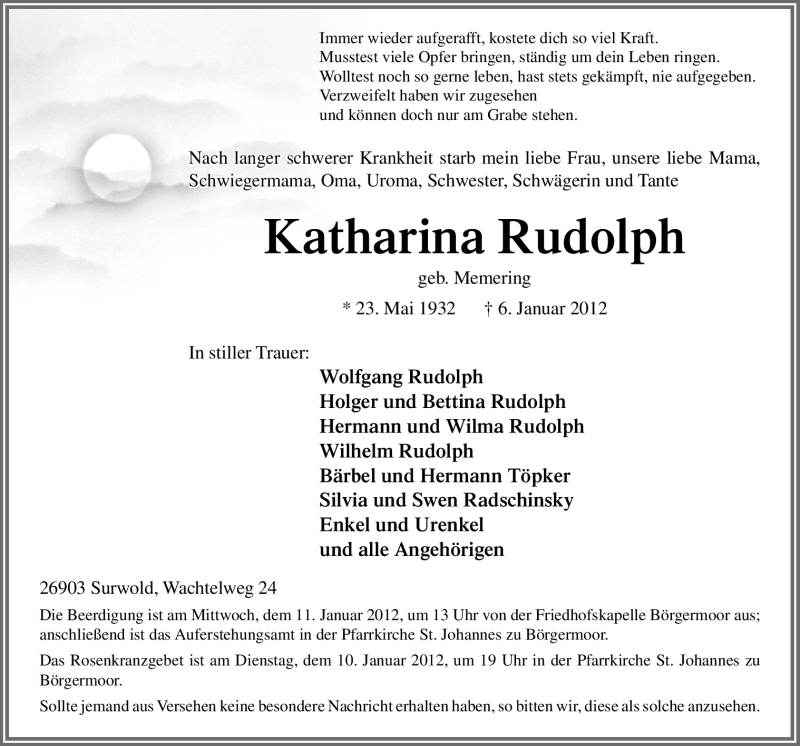  Traueranzeige für Katharina Rudolph vom 07.01.2012 aus Neue Osnabrücker Zeitung