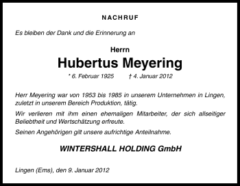 Traueranzeige von Hubertus Meyering von Neue Osnabrücker Zeitung