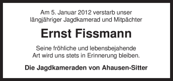 Traueranzeige von Ernst Fissmann von Neue Osnabrücker Zeitung