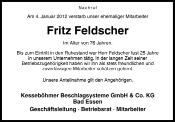 Traueranzeige von Fritz Feldscher von Neue Osnabrücker Zeitung