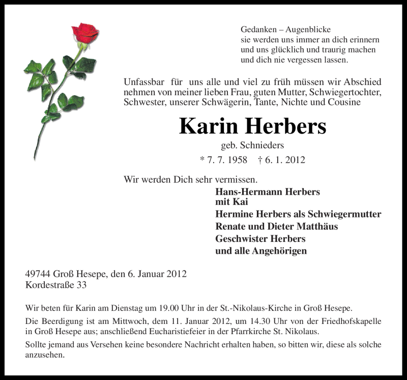  Traueranzeige für Karin Herbers vom 09.01.2012 aus Neue Osnabrücker Zeitung