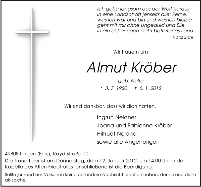  Traueranzeige für Almut Kröber vom 09.01.2012 aus Neue Osnabrücker Zeitung