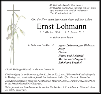 Traueranzeige von Ernst Lohmann von Neue Osnabrücker Zeitung