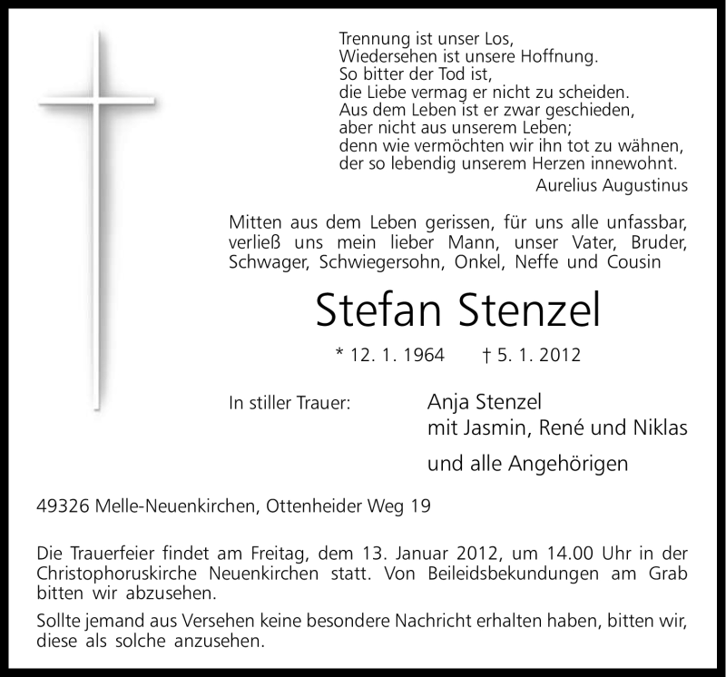 Traueranzeige für Stefan Stenzel vom 10.01.2012 aus Neue Osnabrücker Zeitung