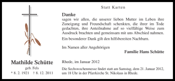 Traueranzeige von Mathilde Schütte von Neue Osnabrücker Zeitung