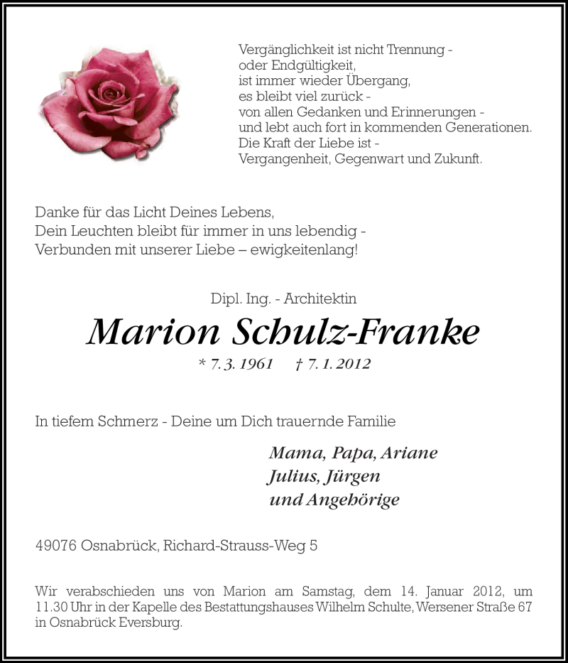  Traueranzeige für Marion Schulz-Franke vom 11.01.2012 aus Neue Osnabrücker Zeitung