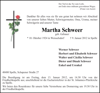 Traueranzeige von Martha Schweer von Neue Osnabrücker Zeitung