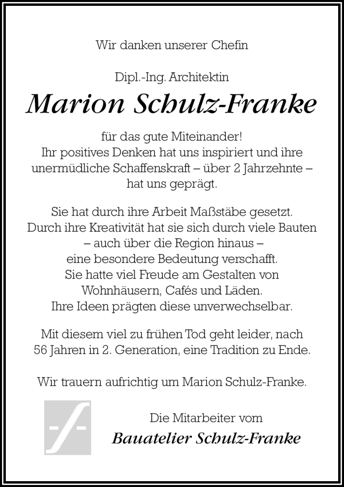  Traueranzeige für Marion Schulz-Franke vom 11.01.2012 aus Neue Osnabrücker Zeitung