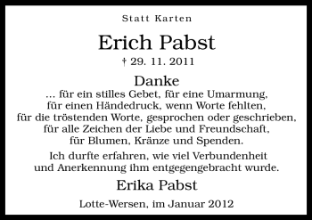 Traueranzeige von Erich Pabst von Neue Osnabrücker Zeitung