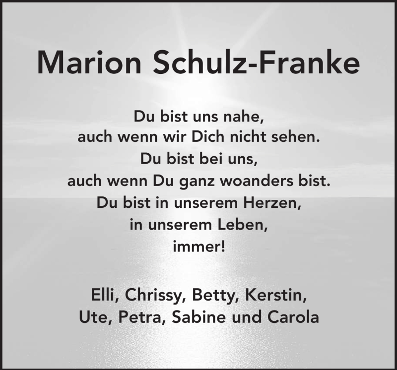  Traueranzeige für Marion Schulz-Franke vom 13.01.2012 aus Neue Osnabrücker Zeitung