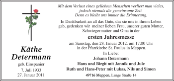 Traueranzeige von Käthe Determann von Neue Osnabrücker Zeitung