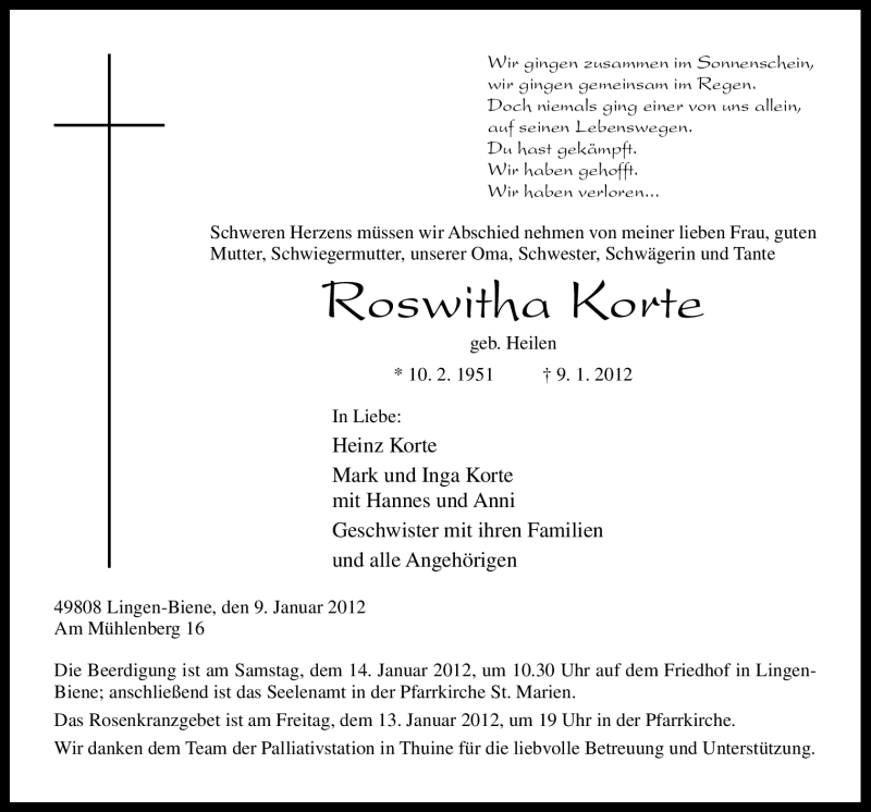  Traueranzeige für Roswitha Korte vom 12.01.2012 aus Neue Osnabrücker Zeitung