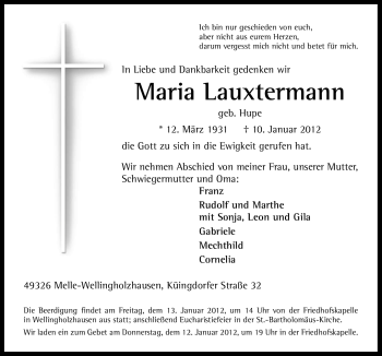 Traueranzeige von Maria Lauxtermann von Neue Osnabrücker Zeitung