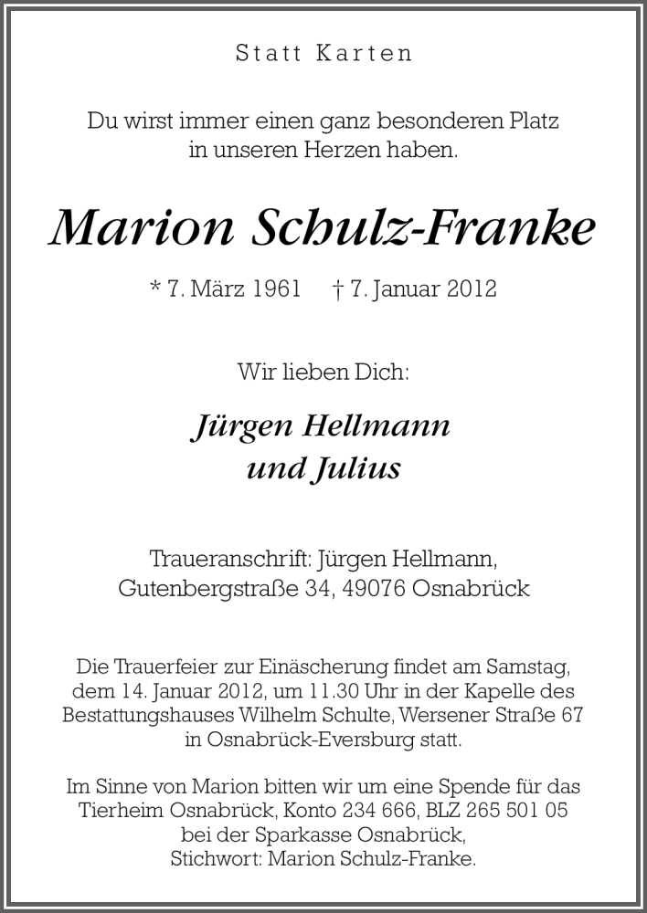  Traueranzeige für Marion Schulz-Franke vom 12.01.2012 aus Neue Osnabrücker Zeitung
