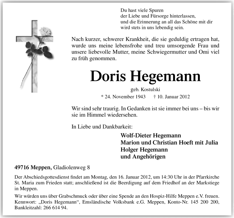  Traueranzeige für Doris Hegemann vom 13.01.2012 aus Neue Osnabrücker Zeitung