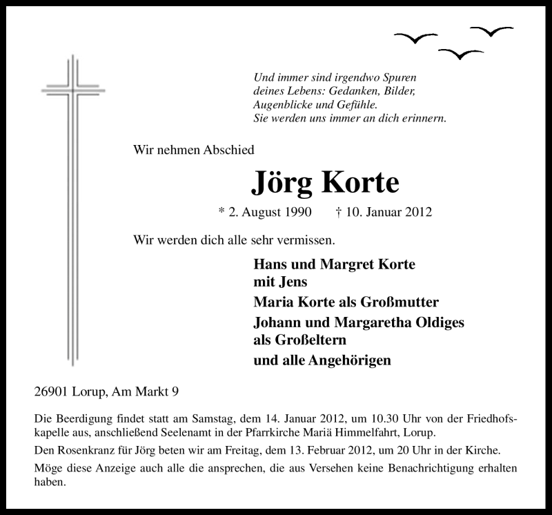  Traueranzeige für Jörg Korte vom 13.01.2012 aus Neue Osnabrücker Zeitung