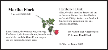 Traueranzeige von Martha Finck von Neue Osnabrücker Zeitung