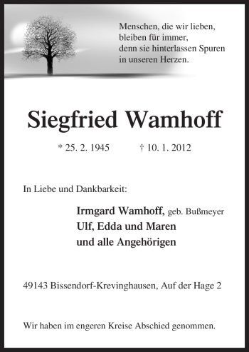 Traueranzeige von Siegfried Wamhoff von Neue Osnabrücker Zeitung