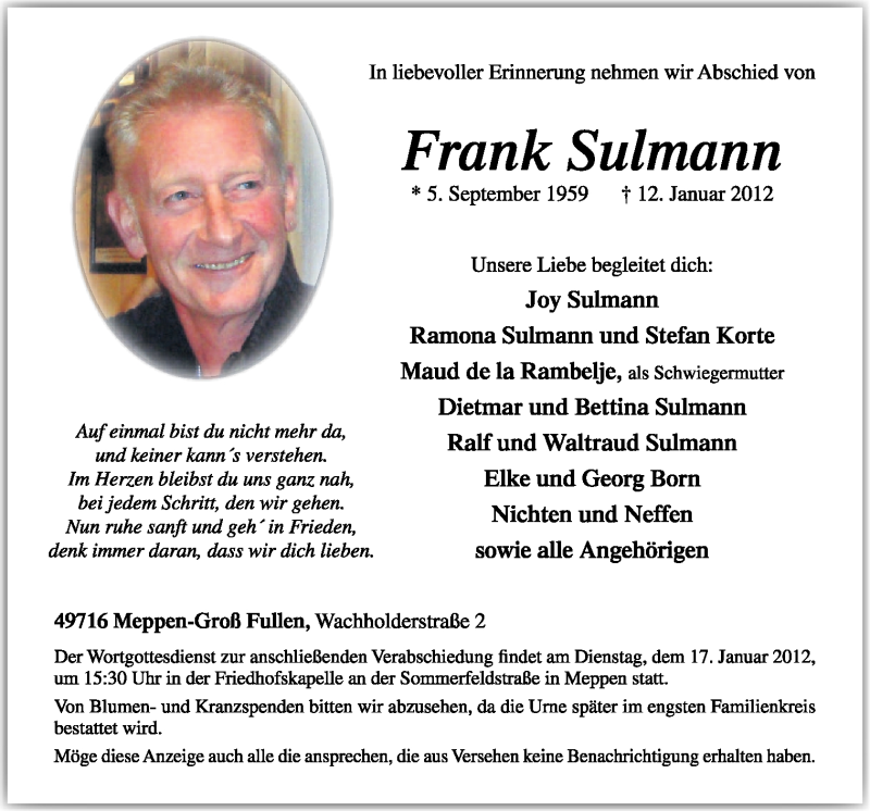  Traueranzeige für Frank Sulmann vom 14.01.2012 aus Neue Osnabrücker Zeitung