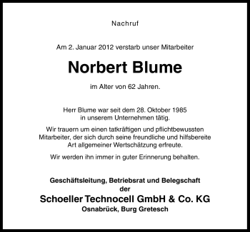 Traueranzeige von Norbert Blume von Neue Osnabrücker Zeitung