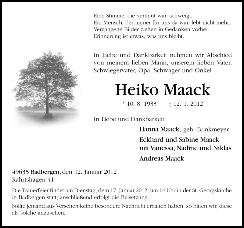  Traueranzeige für Heiko Maack vom 14.01.2012 aus Neue Osnabrücker Zeitung