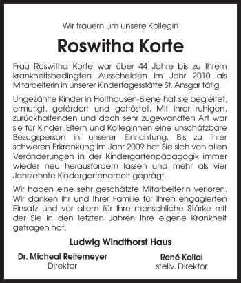 Traueranzeige von Roswitha Korte von Neue Osnabrücker Zeitung