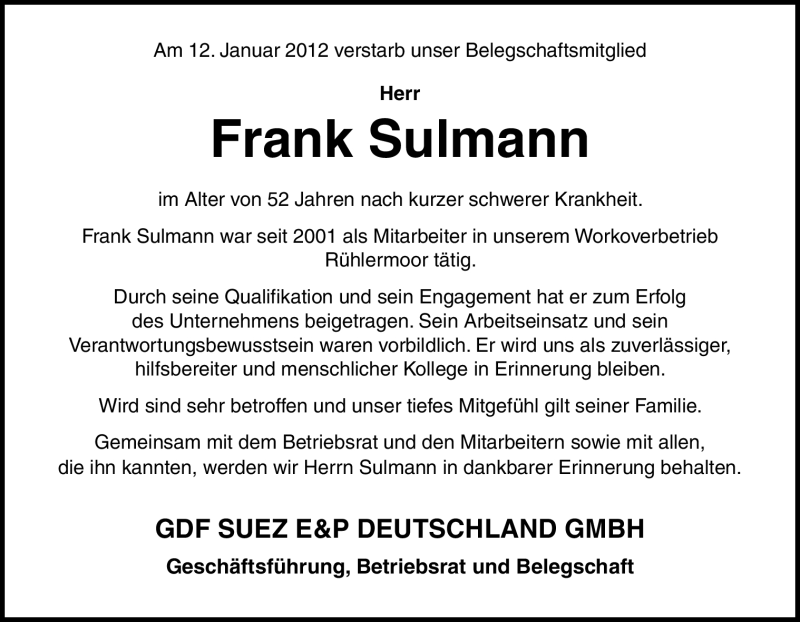  Traueranzeige für Frank Sulmann vom 16.01.2012 aus Neue Osnabrücker Zeitung