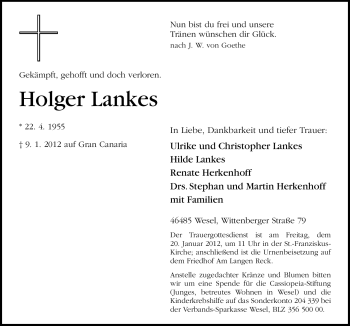 Traueranzeige von Holger Lankes von Neue Osnabrücker Zeitung