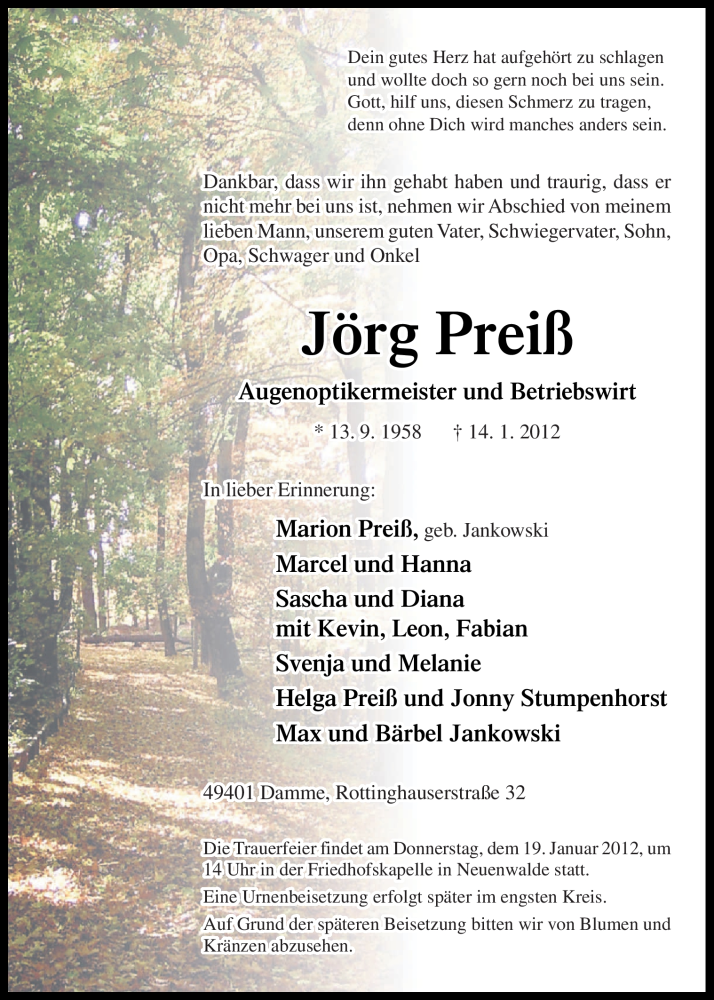  Traueranzeige für Jörg Preiß vom 17.01.2012 aus Neue Osnabrücker Zeitung