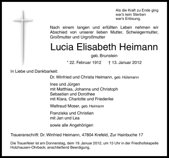 Traueranzeige von Lucia Elisabeth Heimann von Neue Osnabrücker Zeitung