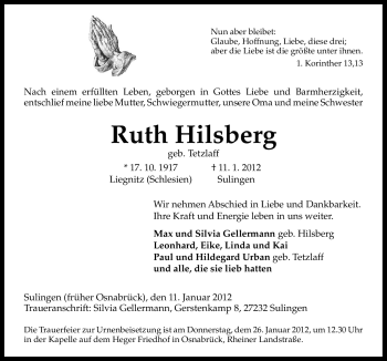 Traueranzeige von Ruth Hilsberg von Neue Osnabrücker Zeitung