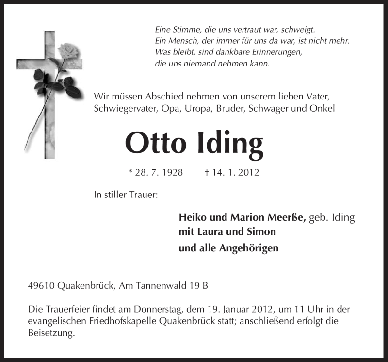  Traueranzeige für Otto Iding vom 17.01.2012 aus Neue Osnabrücker Zeitung