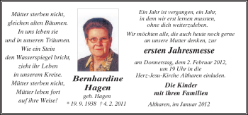 Traueranzeige von Bernhardine Hagen von Neue Osnabrücker Zeitung