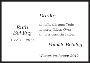 Traueranzeige von Ruth Behling von Neue Osnabrücker Zeitung