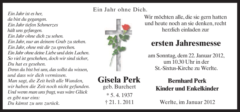  Traueranzeige für Gisela Perk vom 18.01.2012 aus Neue Osnabrücker Zeitung