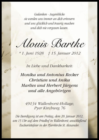 Traueranzeige von Alouis Bartke von Neue Osnabrücker Zeitung