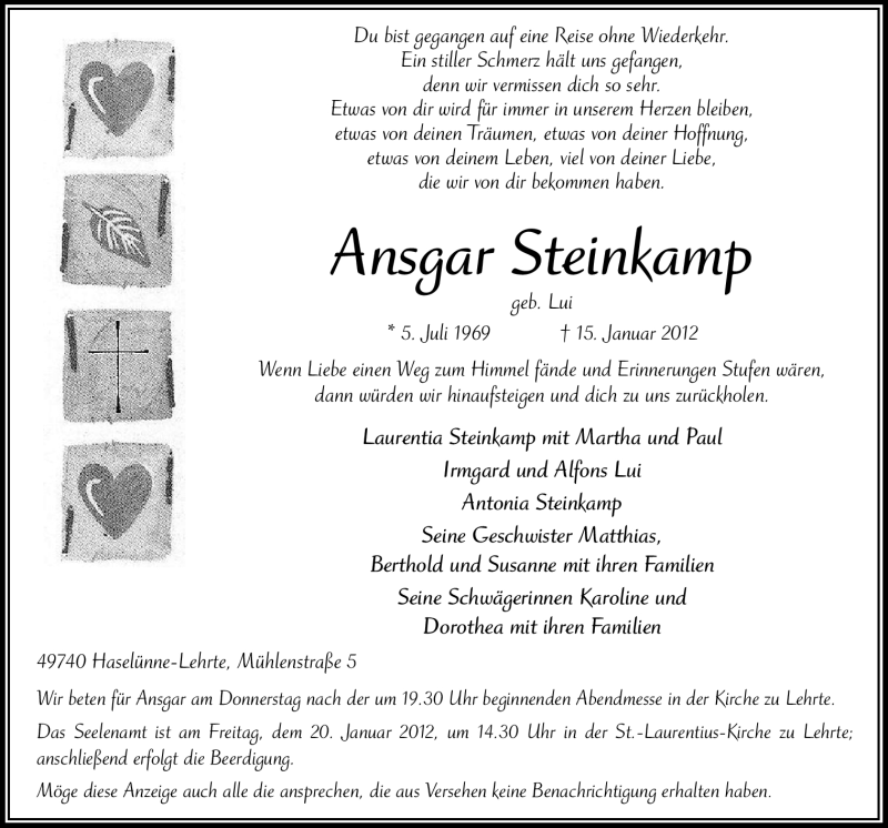  Traueranzeige für Ansgar Steinkamp vom 18.01.2012 aus Neue Osnabrücker Zeitung