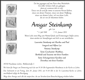 Traueranzeige von Ansgar Steinkamp von Neue Osnabrücker Zeitung