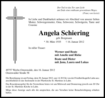 Traueranzeige von Angela Schiering von Neue Osnabrücker Zeitung