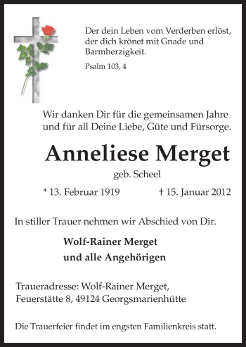 Traueranzeige von Anneliese Merget von Neue Osnabrücker Zeitung