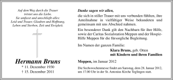 Traueranzeige von Hermann Bruns von Neue Osnabrücker Zeitung