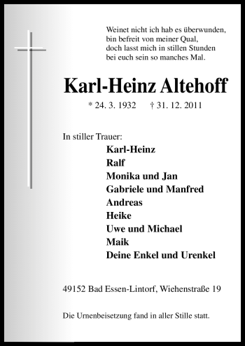 Traueranzeige von Karl-Heinz Altehoff von Neue Osnabrücker Zeitung