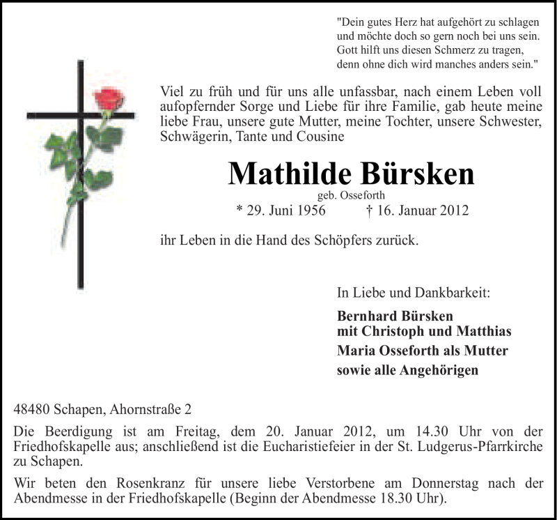  Traueranzeige für Mathilde Bürsken vom 19.01.2012 aus Neue Osnabrücker Zeitung