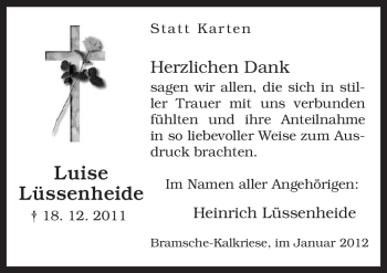 Traueranzeige von Luise Lüssenheide von Neue Osnabrücker Zeitung