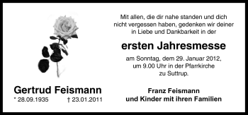 Traueranzeige von Getrud Feismann von Neue Osnabrücker Zeitung