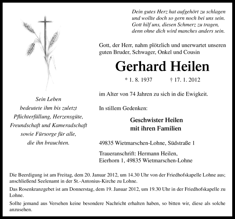  Traueranzeige für Gerhard Heilen vom 19.01.2012 aus Neue Osnabrücker Zeitung